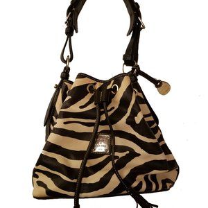 Dooney & Bourke Black Tan Leather Drawstring Bucket Purse Zebra Print